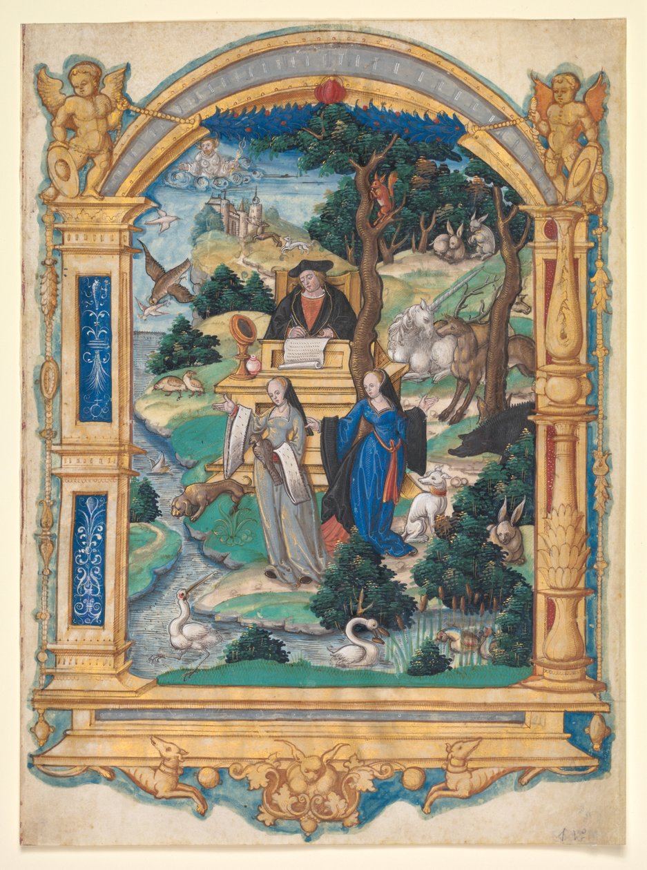 Frontispis miniatura z rukopisu básně od Guillauma Crétina: Debata mezi dvěma ženami od Master of Francis I