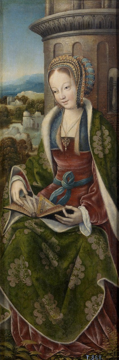 Barbe la grande martyre - Triptych Svaté rodiny s hudbou tvořící anděly. Pravý panel: Svatá Barbora par Master of Frankfurt (1460-cca 1533), cca 1510-1520 - Olej na dřevě, 79x27 - Museo del Prado, Madrid od Master of Frankfurt