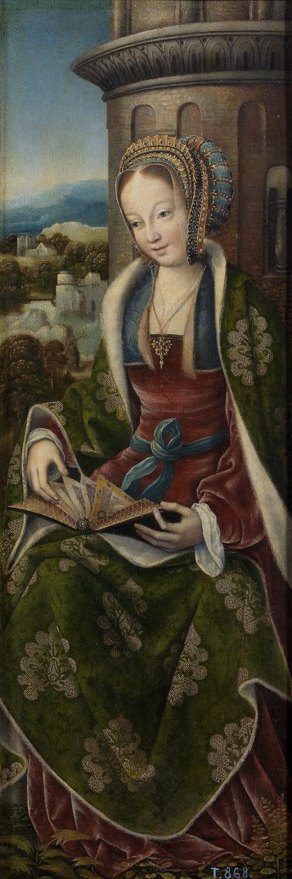 Triptych Svaté rodiny s hudbou tvořící anděly. Pravý panel: Svatá Barbora, asi 1510-1520 od Master of Frankfurt