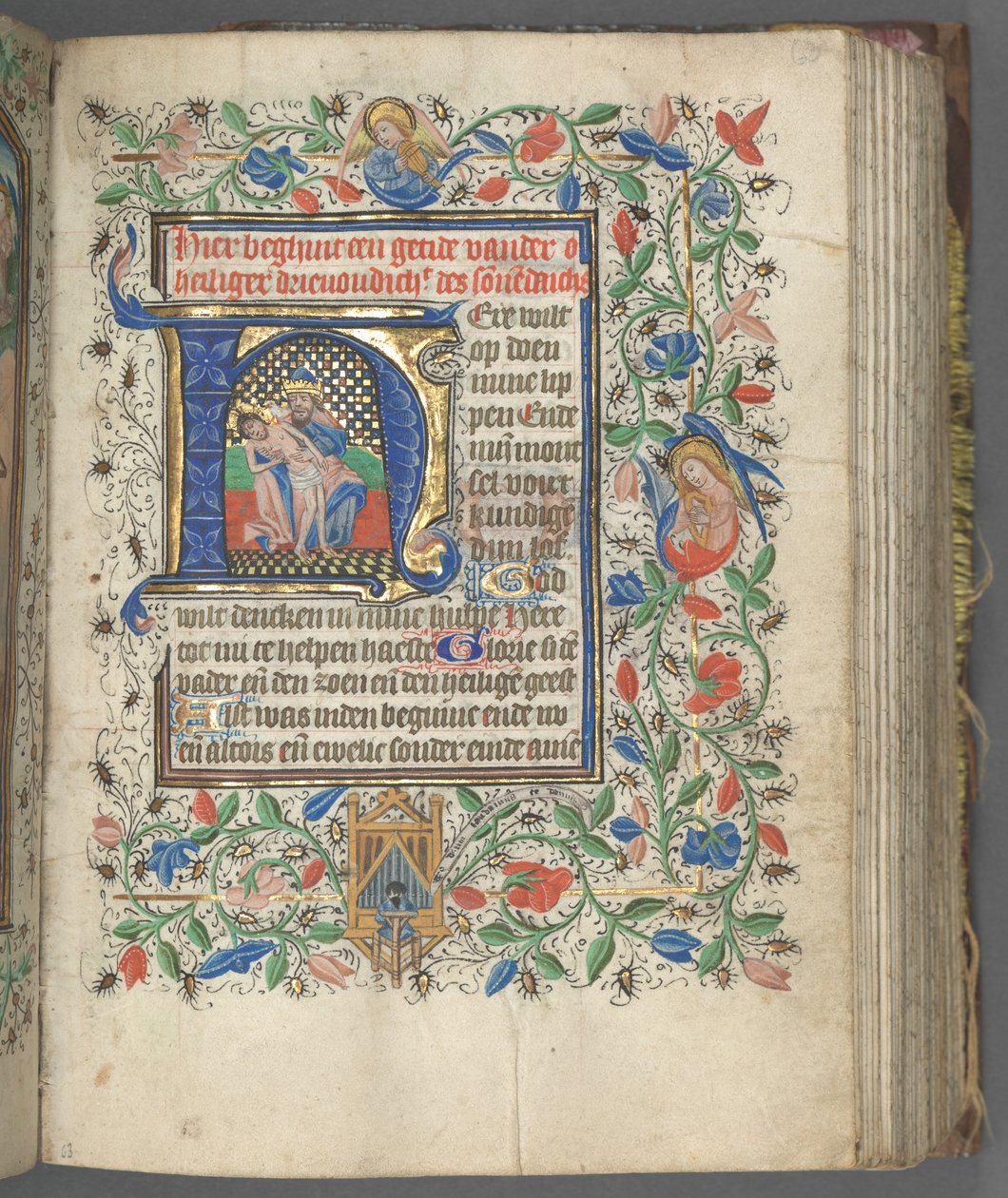 Kniha hodin Použití Utrechtu: fol. 63r, Iniciála s Nejsvětější Trojicí, c. 1460-1465. od Master of Gijsbrecht van Brederode