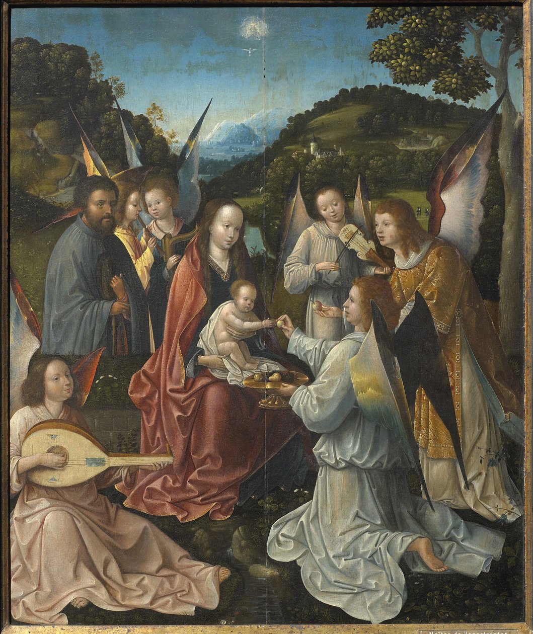 Svatá rodina s anděly a svatými Kateřinou a Barborou Triptych, centrální panel, 16. století. od Master of Hoogstraeten