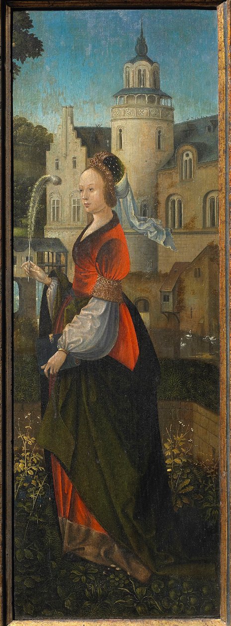 Svatá Barbora. Svatá rodina s anděly a svatými Kateřinou a Barborou Triptych, 16. století. od Master of Hoogstraeten