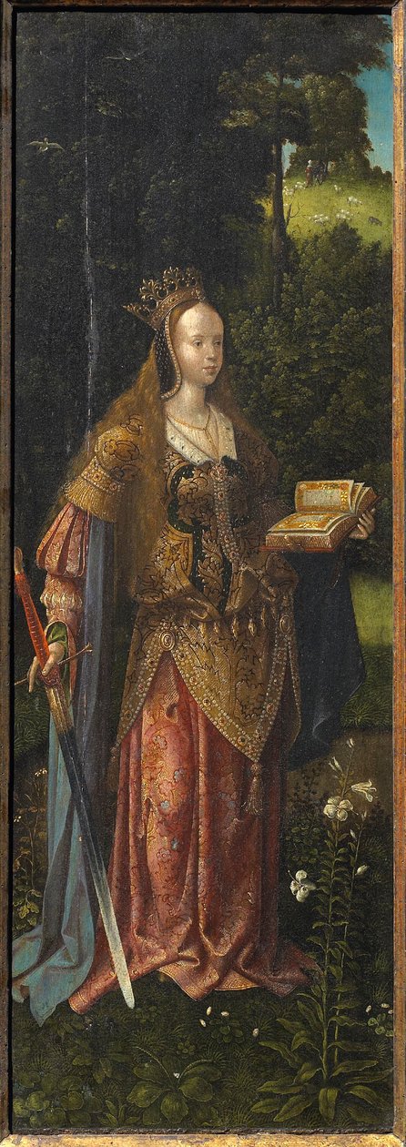 Svatá Kateřina. Svatá rodina s anděly a svatými Kateřinou a Barborou Triptych, 16. století. od Master of Hoogstraeten