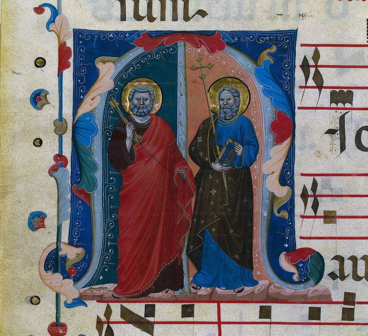 List z graduálu s historickou iniciálou (M): SS. Petr a Ondřej od Master of Isaac and Esau