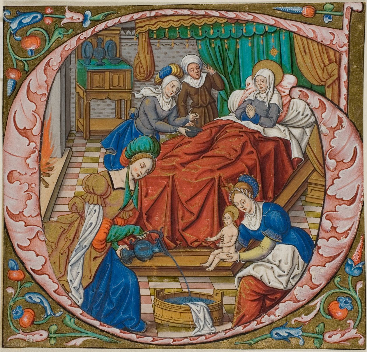 Narození Panny Marie v historické iniciále „G“ z antifonálu od Master of Jacques de Besançon