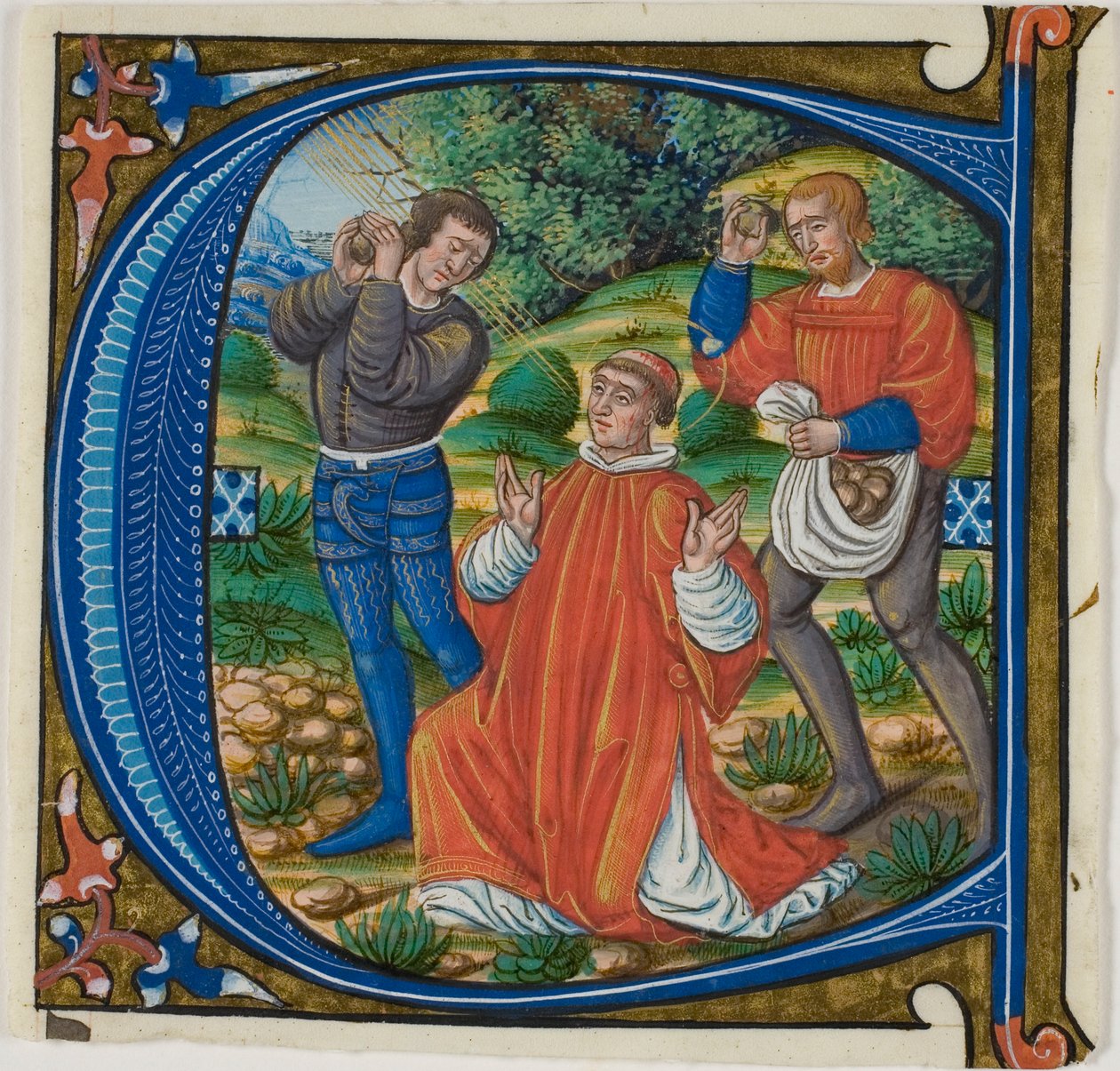 Ukamenování svatého Štěpána v historické iniciále „A“ nebo „C“ z graduálu od Master of Jacques de Besançon