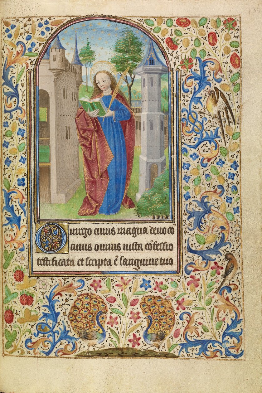 Svatá Barbora s knihou a mučednickou palmou před věží od Master of Jacques of Luxembourg