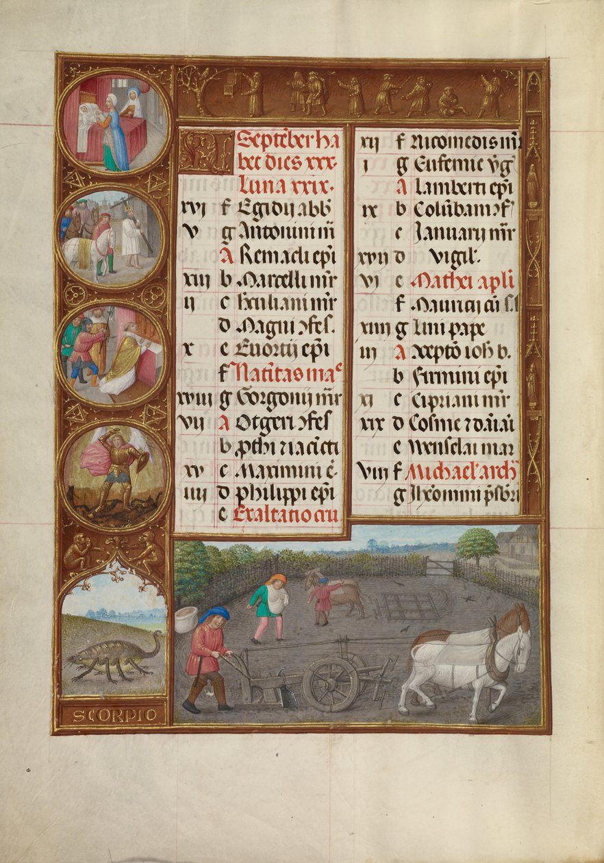 Stránka kalendáře na září; orba a setba; Štír od Master of James IV of Scotland