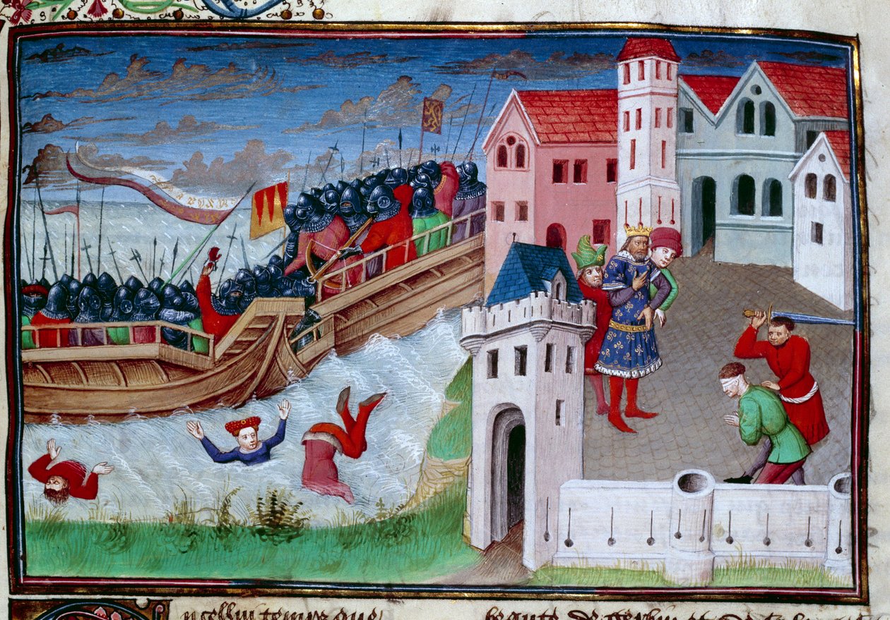 Bitevní scéna a dekapitace. Ilustrace románu „Dekameron“ od Giovanniho Boccaccia (Jean Boccace od Master of Jean Mansel