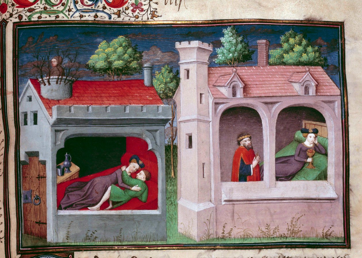Galantní scéna: mluví dva páry. Strana francouzského rukopisu „Dekameronu“ od Giovanniho Boccaccia dit Jean Boccace (1313-1375), italského spisovatele, osvíceného mistrem Manselem. 1450. Paříž, Knihovna Arsenalu od Master of Jean Mansel