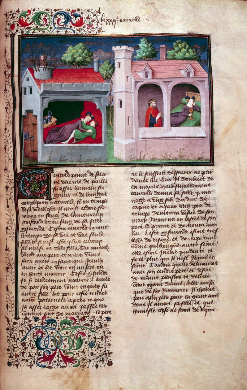 Galantní scéna: mluví dva páry. Strana francouzského rukopisu „Dekameronu“ od Giovanniho Boccaccia dit Jean Boccace (1313-1375), italského spisovatele, osvíceného mistrem Manselem. 1450. Paříž, Knihovna Arsenalu od Master of Jean Mansel