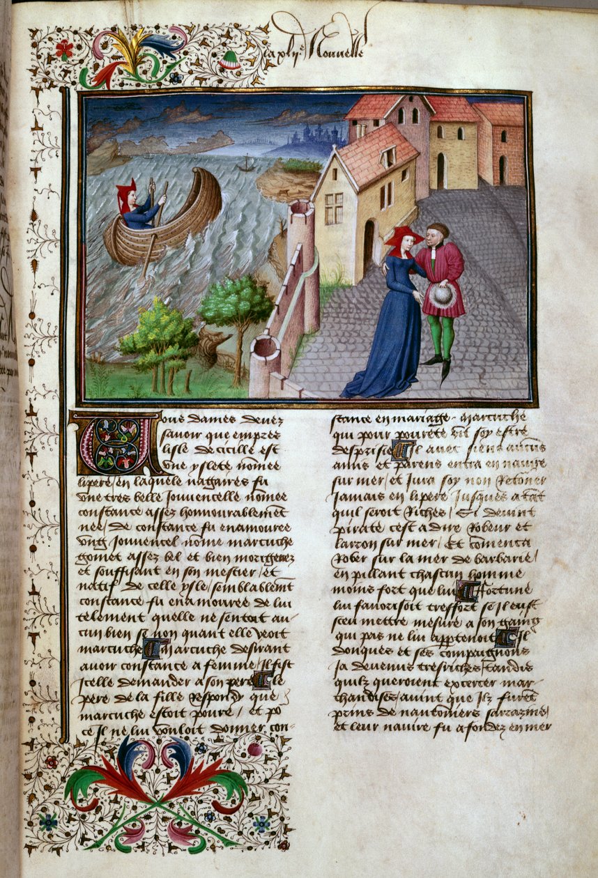 Odletová stránka převzatá z rukopisu ve francouzštině z „Dekameronu“ od Giovanniho Boccaccia dit Jean Boccaccia (1313-1375), italského spisovatele, osvětlena mistrem Manselem. 1450. Paříž, Knihovna Arsenalu od Master of Jean Mansel