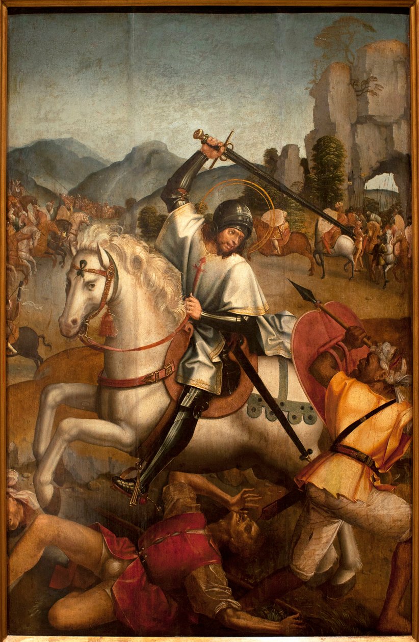 Saint Jacques combat les moures - Malba attribuee au maitre de Lourinha, olej na dřevě, kolem roku 1520 (Svatý Jakub bojuje s vřesovišti, od hlavního mistra z Lourinhy, olej na panelu, kolem roku 1520) - Muzeum starověkého umění v Lisabonu (Portugalsko) od Master of Lourinha