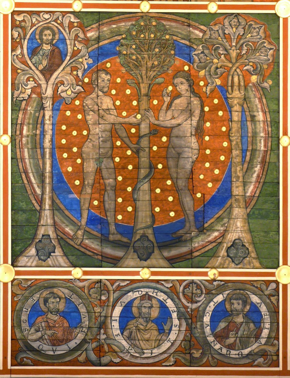 přehrada a Eva. Detail malovaného dřevěného stropu kostela St. Michaels, Hildesheim, ca 1230 od Master of Lower Saxony
