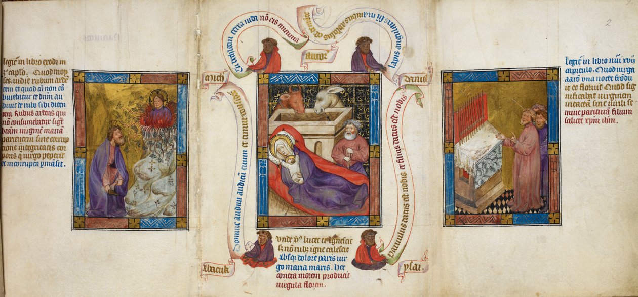 Tři scény zobrazující ‚Narození Páně‘, ‚Mojžíš a hořící keř‘ a ‚Pučení Áronovy tyče‘, ilustrace z ‚Biblia Pauperum‘ od Master of Margaret of Cleves
