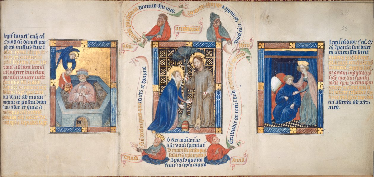 Tři scény zobrazující „Kristus se zjevuje Marii Magdaleně“, „Darius nalézá Daniela nezraněného ve Lví tlamě“ a „Manžel se svým milovaným“, ilustrace z „Biblia Pauperum“ od Master of Margaret of Cleves