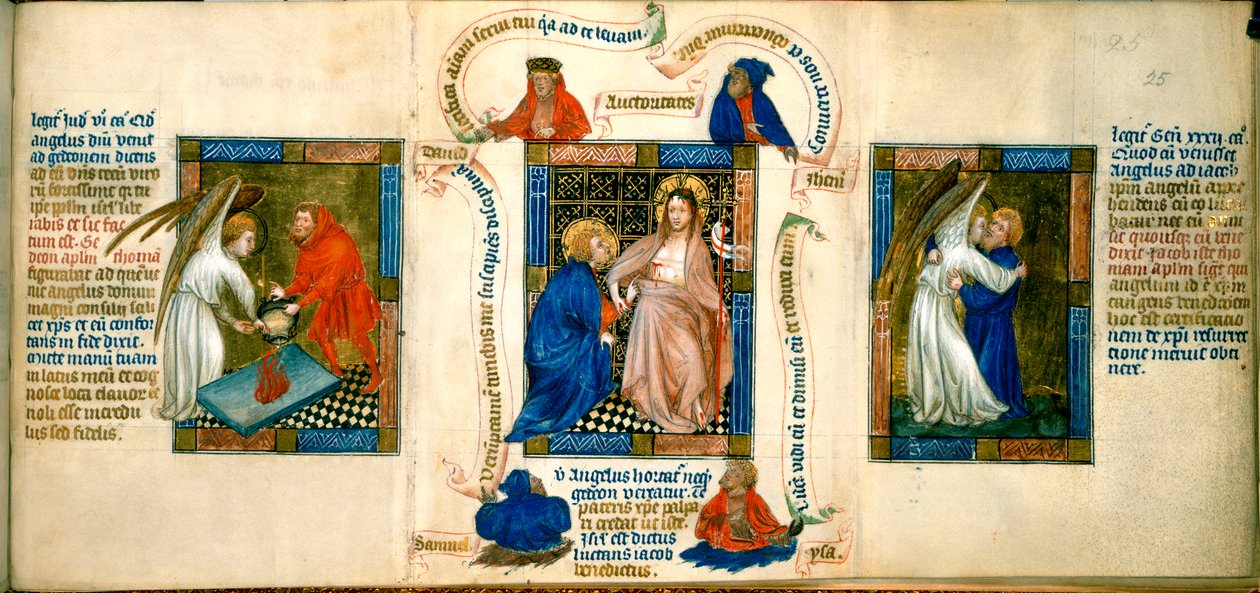 Tři scény zobrazující „Kristus přesvědčuje Thomase“, „Oběť Gideom“ a „Jakub zápasí s andělem“, ilustrace z „Biblia Pauperum“ od Master of Margaret of Cleves