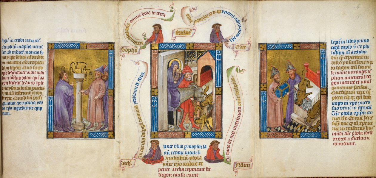 Tři scény zobrazující „Útěk do Egypta“, „Mojžíš lámající zlaté tele“ a „Dagon padající před archou“, ilustrace z „Biblia Pauperum“ od Master of Margaret of Cleves