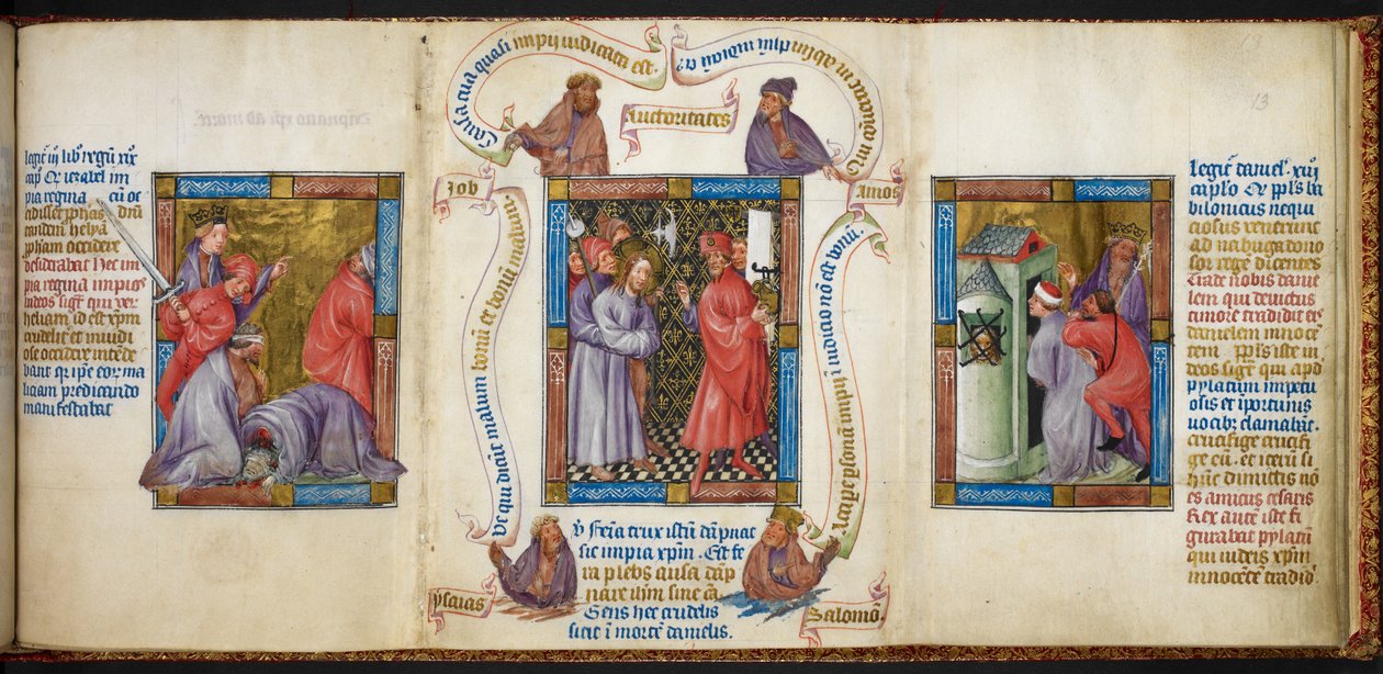 Tři scény zobrazující „Zabíjení proroků“, „Kristus před Pilátem“ a „Danielovo uvěznění“, ilustrace z „Biblia Pauperum“ od Master of Margaret of Cleves