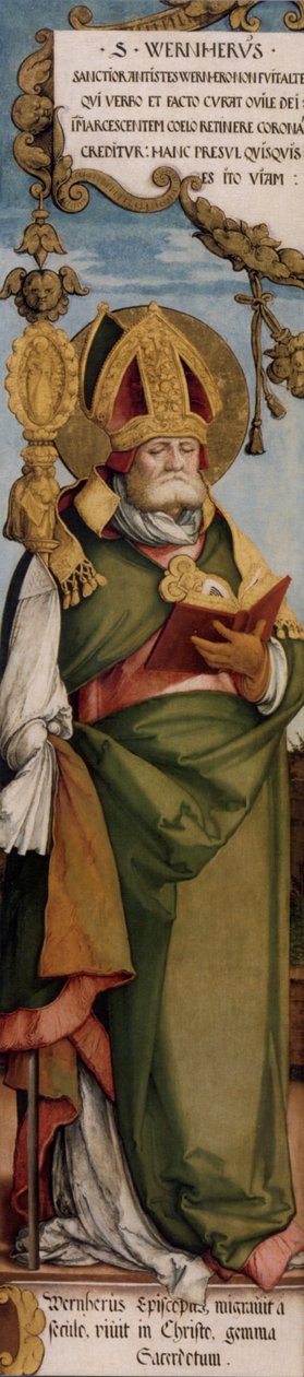 Mimo levé otočné křídlo bývalého hlavního oltáře kostela sv. Martina sv. Werner, biskup z Merseburgu; Maastricht, muzeum Bonnefanten, inv.č. N.K. 1633 od Master of Messkirch