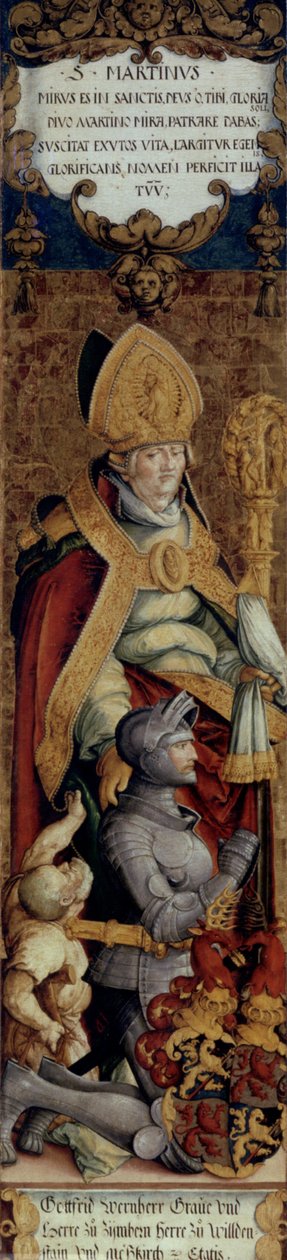 německy: Der Heilige Martin mit Bettler und dem Stifter Gottfried Werner von Zimmern Svatý Martin s žebrákem a dárcem Gottfriedem Wernerem z Zimmernu od Master of Messkirch