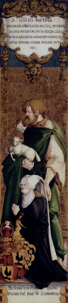 Německy: Der hl. Johannes der Täufer mit der Stifterin Apollonia von Henneberg Svatý Jan Křtitel s dárkyní Apolonií z Hennebergu od Master of Messkirch
