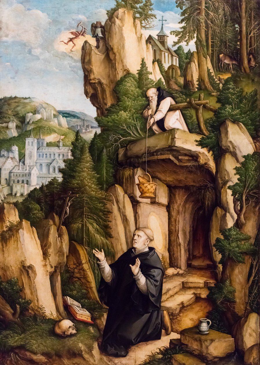 Svatý Benedikt jako modlící se poustevník, kolem roku 1540 (tempera a olej na dřevě (basso)) od Master of Messkirch
