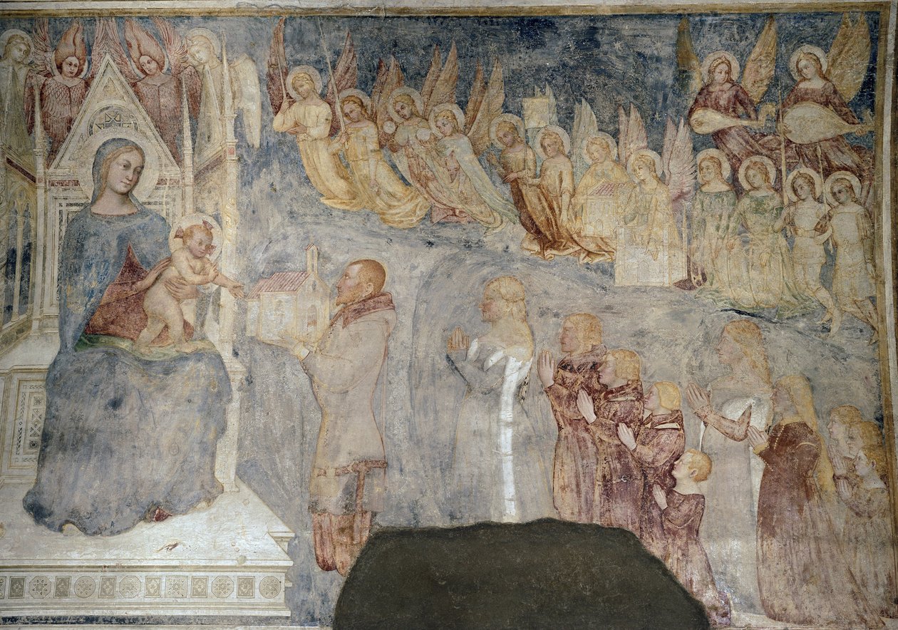 Panna Maria a dítě s dárcem, detail (cca 1377, freska umístěna na plátně) od Master of Mocchirolo
