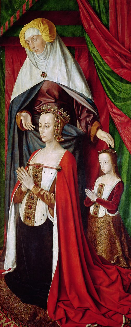 Bourbonský oltář, pravý panel zobrazující svatou Annu představující Annu Francouzskou (1476-1514) a její dceru Suzannu Bourbonskou (1491-1521) kolem 1498 od Master of Moulins