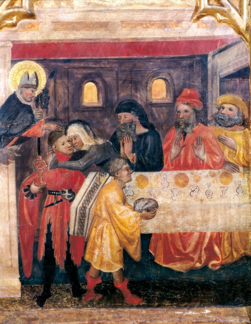 Oltářní obraz svatého Mikuláše, svaté Kláry a svatého Antonína. Detail. Scéna ze života svatého Mikuláše Tabla con escena de la vida de San Nicolas. Obraz Mistra OBISPO GALIANA (14. století). Z kostela Sant Nicolas Vell v Portu, P od Master of Obispo Galiana