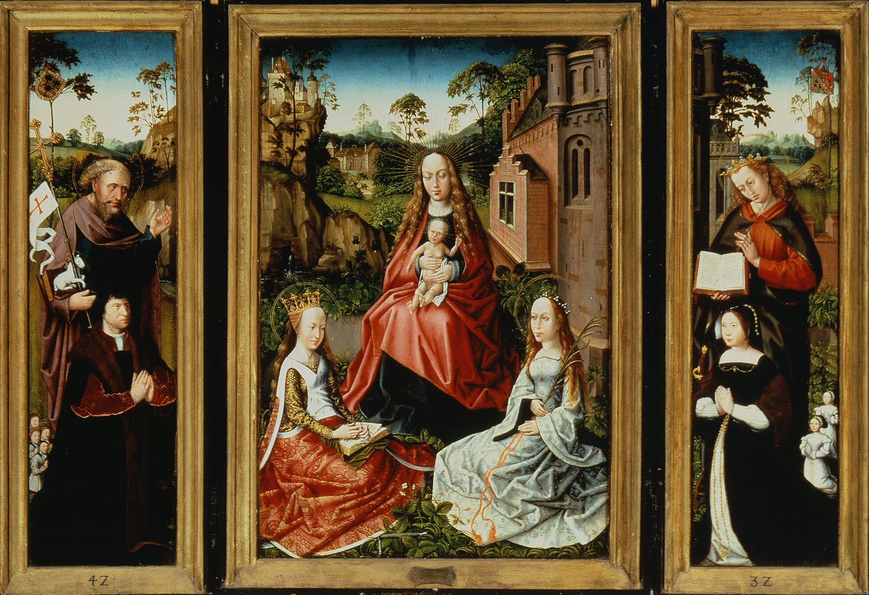 Madonna a dítě se svatými a dárci (olej na panelu) od Master of Saint Anna