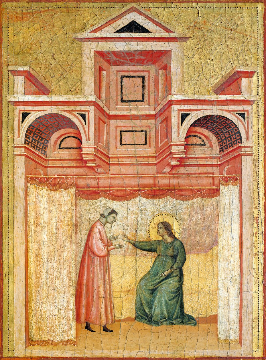 Cecílie přemlouvá svého manžela Valeriana ke křtu, detail z oltářního obrazu znázorňující Legendu o svaté Cecílii, kolem roku 1304, od Mistra svaté Cecílie (aktivní počátek 14. století), tempera na desce a plátkovém zlatě vyraženo, 85x181 cm od Master of Saint Cecilia