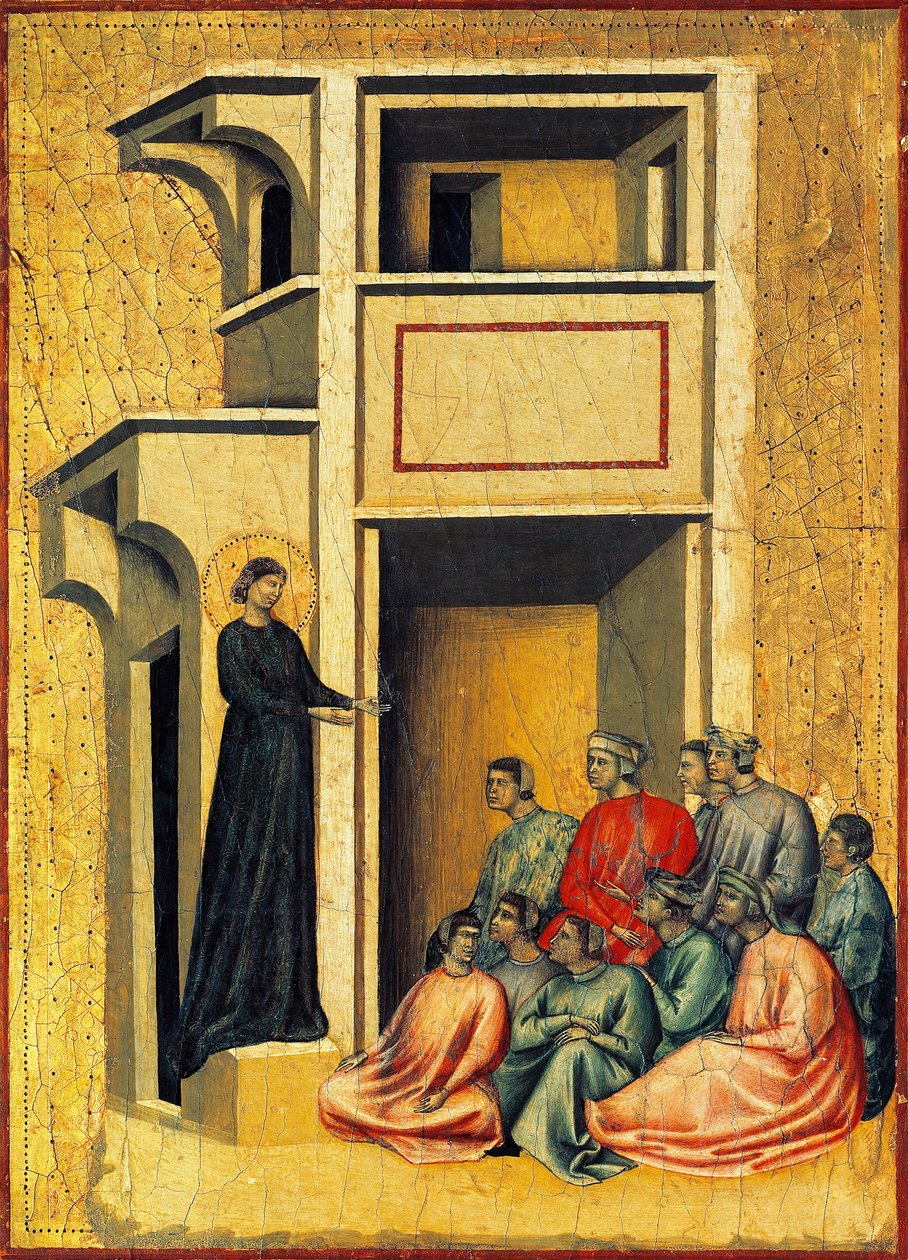 Svatá Cecílie konvertující prefektští vojáci, detail z oltářního obrazu znázorňující Legendu o svaté Cecílii, kolem roku 1304, od Mistra svaté Cecílie (aktivní počátek 14. století), tempera na desce a plátkovém zlatě vyraženo, 85x181 cm od Master of Saint Cecilia