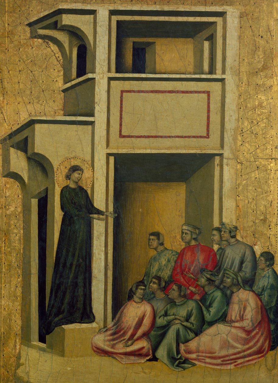 St. Cecilia mluví ke skupině lidí, scéna ze Santa Cecilia a osm epizod jejího života od Master of Saint Cecilia
