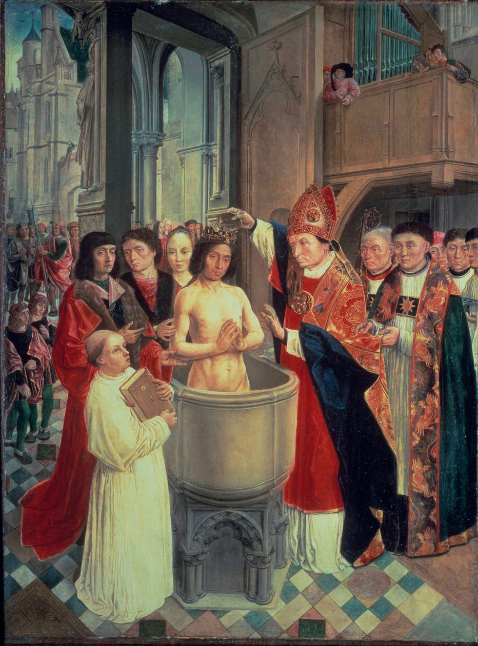 Křest Clovise I. v Remeši Saint Remi dne 25. 12. 496 (nebo 499), c. 1490-1510 (olej na panelu) od Master of Saint Giles