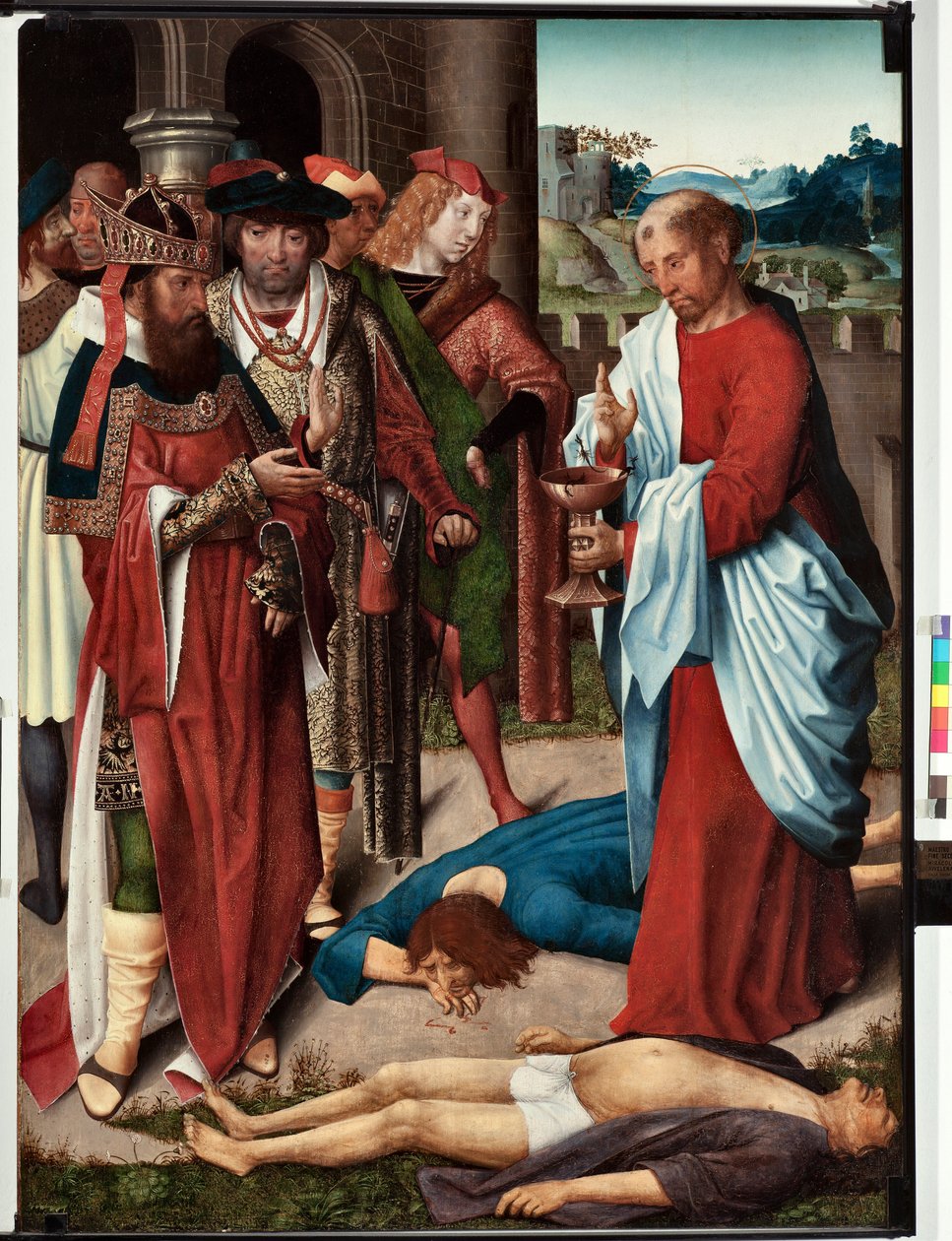 Epizoda ze života evangelisty svatého Jana: „Zázrak kalicha jedu“ (Život evangelisty svatého Jana, Svatý Jan vypije kalich jedu) Malba mistra evangelisty San Giovanni (Saint John Evangelist) (konec 15. století) Rozměr 120x90 cm Gen od Master of Saint John Evangelist