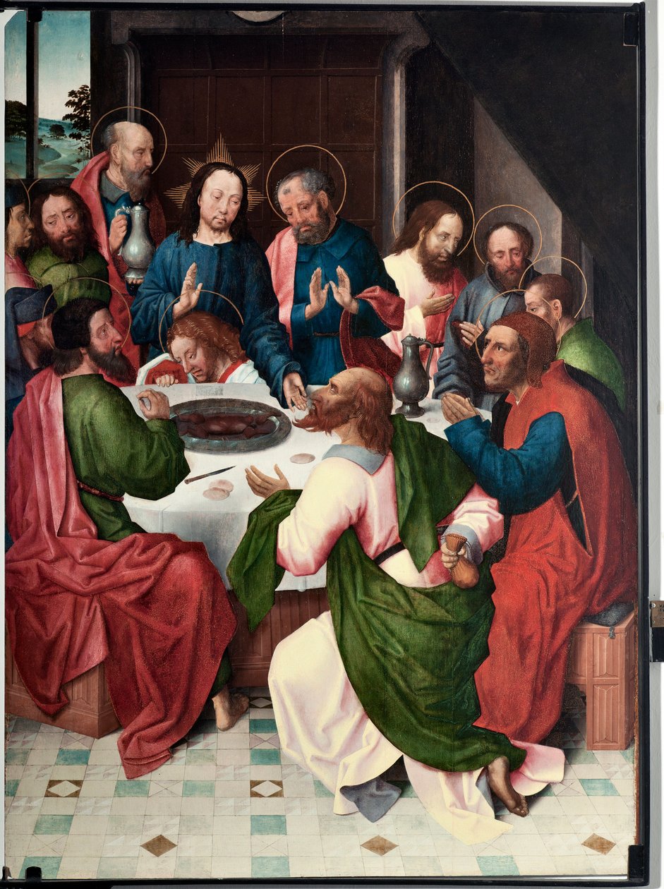 La cene (Poslední večeře) Obraz mistra San Giovanni evangelista (Svatý Jan Evangelista) (konec 15. století) Rozměr 120x90 cm Genes, Musei di Strada Nuova (ex Palazzo Bianco) inv n PB 156 od Master of Saint John Evangelist