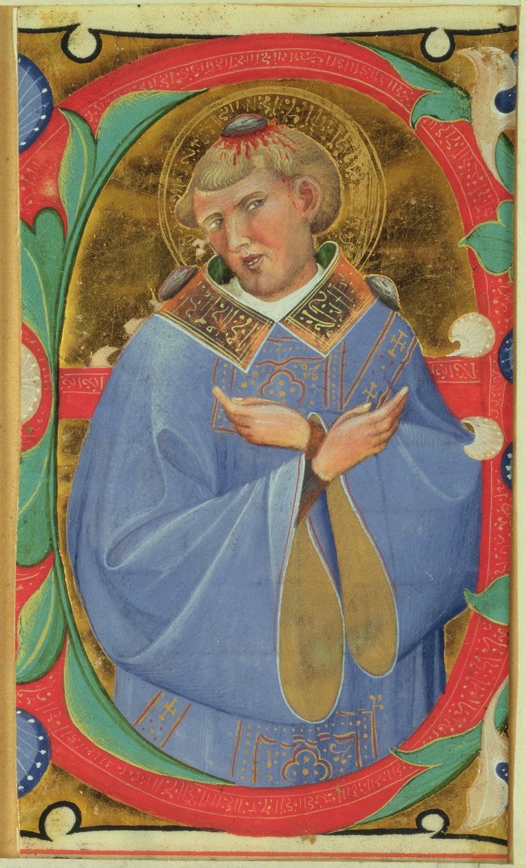 Historizovaná iniciála "E" s vyobrazením svatého Štěpána od Master of San Michele of Murano