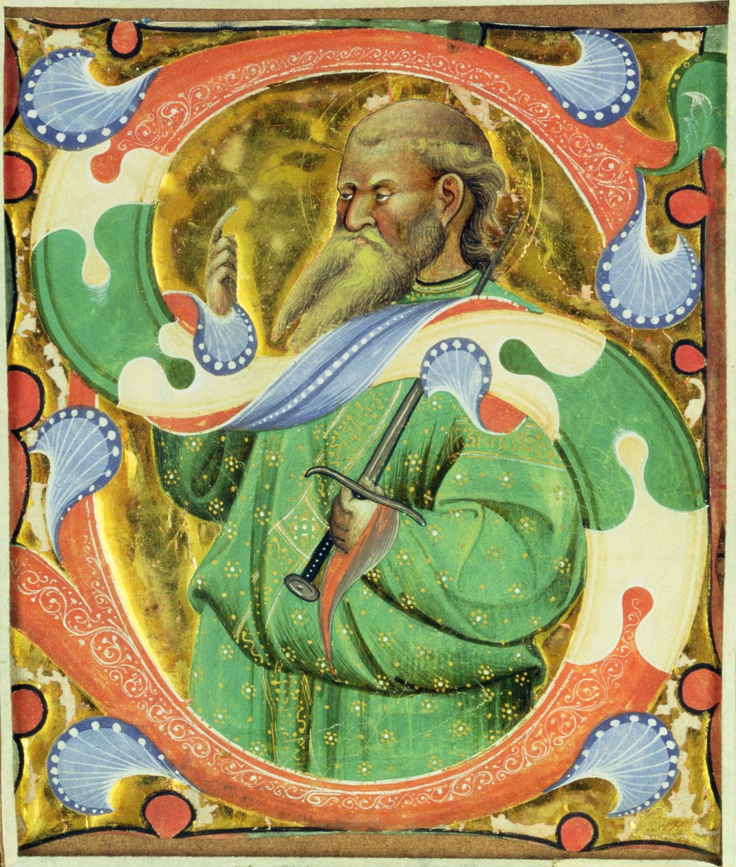 Historická iniciála „S“ zobrazující svatého Pavla od Master of San Michele of Murano
