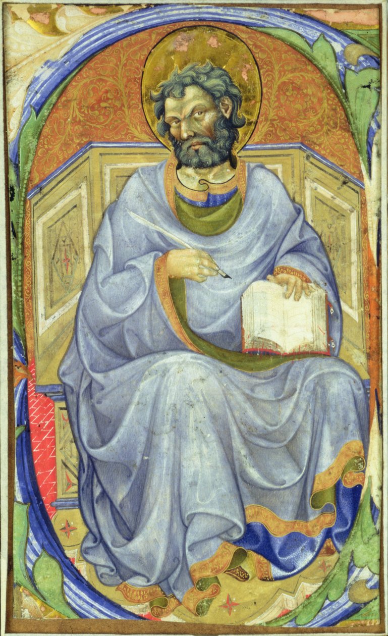 Historická iniciála „S“ zobrazující sedícího evangelistu od Master of San Michele of Murano
