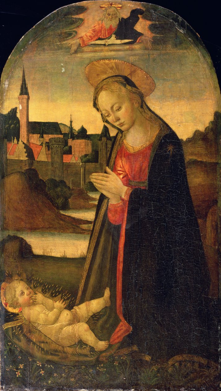 Madonna zbožňující dítě, město na řece za, kolem 1478 (olej na panelu) od Master of San Miniato