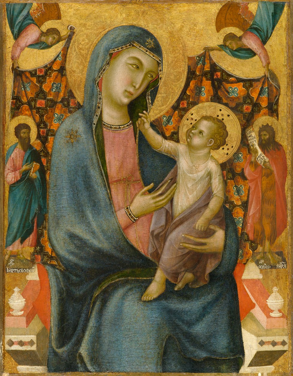 Madona s dítětem se sv. Bartolomějem a sv. Janem Křtitelem, kolem roku 1320 (tempera a plátkové zlato na desce, přeneseno na plátno) od Master of San Torpe
