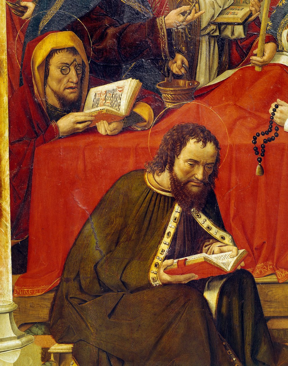 Detail smrti Panny Marie zobrazující dva světce při čtení modliteb. Jeden z nich nosí brýle, další, mimo pole, drží v ruce růženec. Obraz Mistra Santa Maria del Campo (15. století), Lyon, Muzeum výtvarných umění od Master of Santa Maria del Campo
