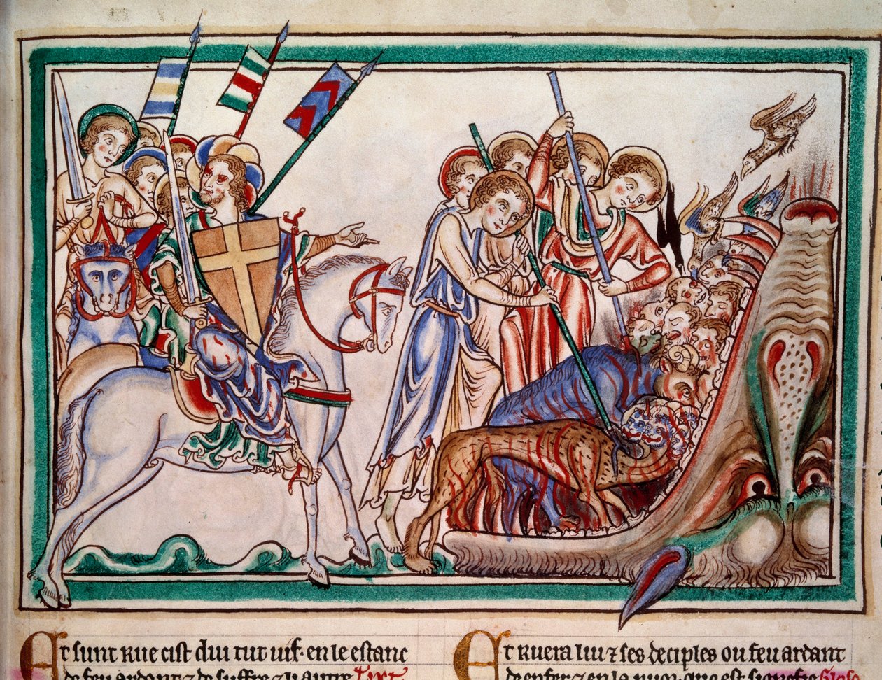 Pán a jeho Armee (ost) srážejí Bete a jeho ctitele v pekle. Minatura z rukopisu “” Apocalypse historiee””, Folio 38. 1250. Iluminace Mistra Sarum. Paříž, NL od Master of Sarum