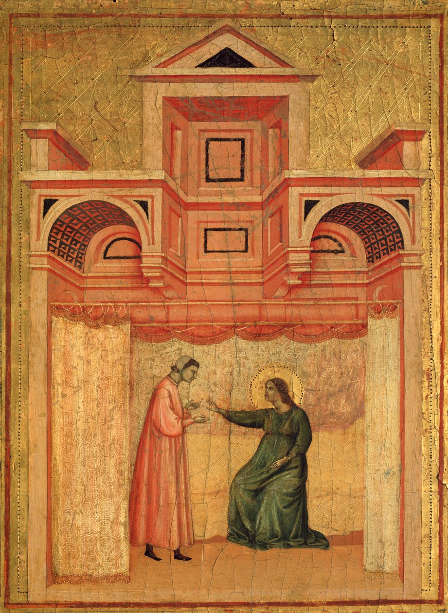 Svatá Cecílie a příběh jejího života Detail: Svatá Cecílie přemlouvá svého manžela Valeriana ke křtu - oltářní obraz, kolem 1290-1320 od Master of St. Cecilia