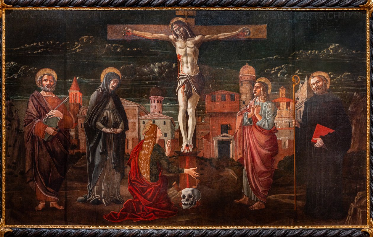 Ukřižovaný Kristus mezi svatým Petrem, Pannou Marií Magdalenou, svatým Janem apoštolem a svatým Benediktem od Master of St. Peter in Vicenza