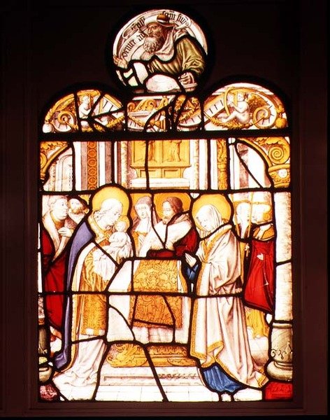 Prezentace v chrámu; okno z cisterciáckého opatství Mariawald, Eifel od Master of St. Severin