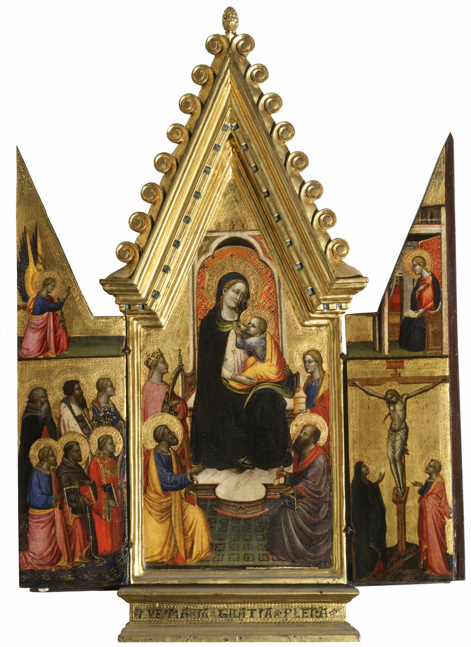 Triptych: Panna Maria s dítětem se svatými, anděly a ukřižováním od Master of St. Verdiana