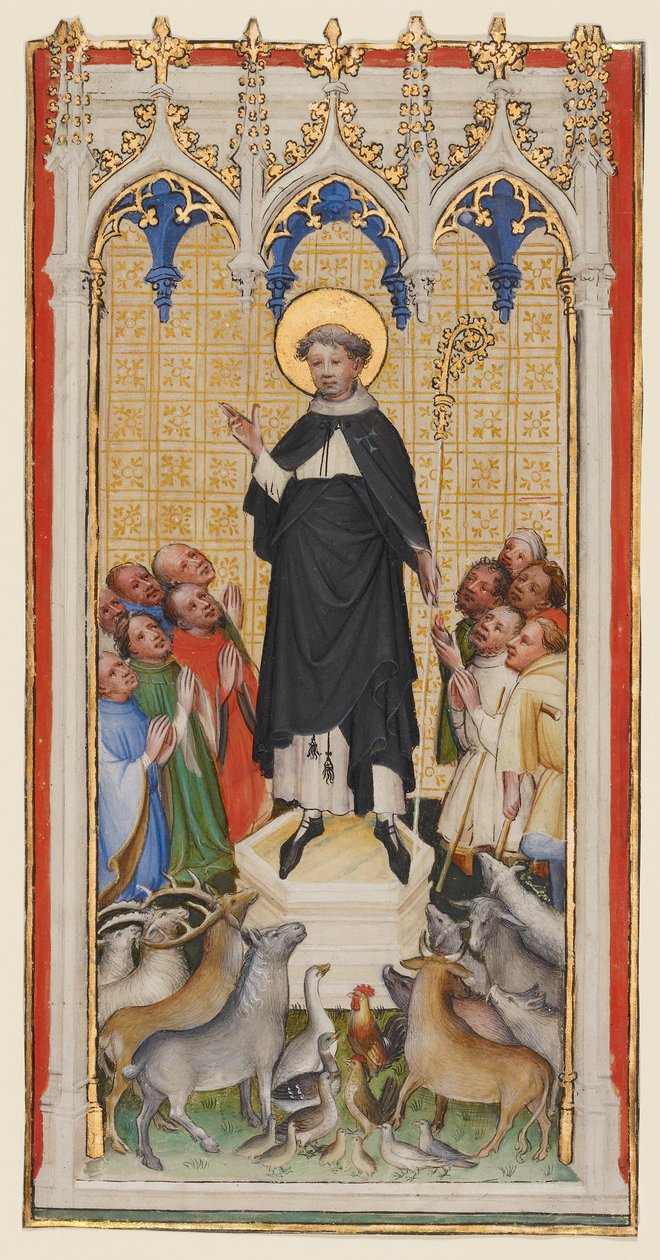 Svatý Antonín opat žehná zvířatům, chudým a nemocným, kolem 1400-10 (tempera a zlaté listy na pergamenu) od Master of St. Veronica