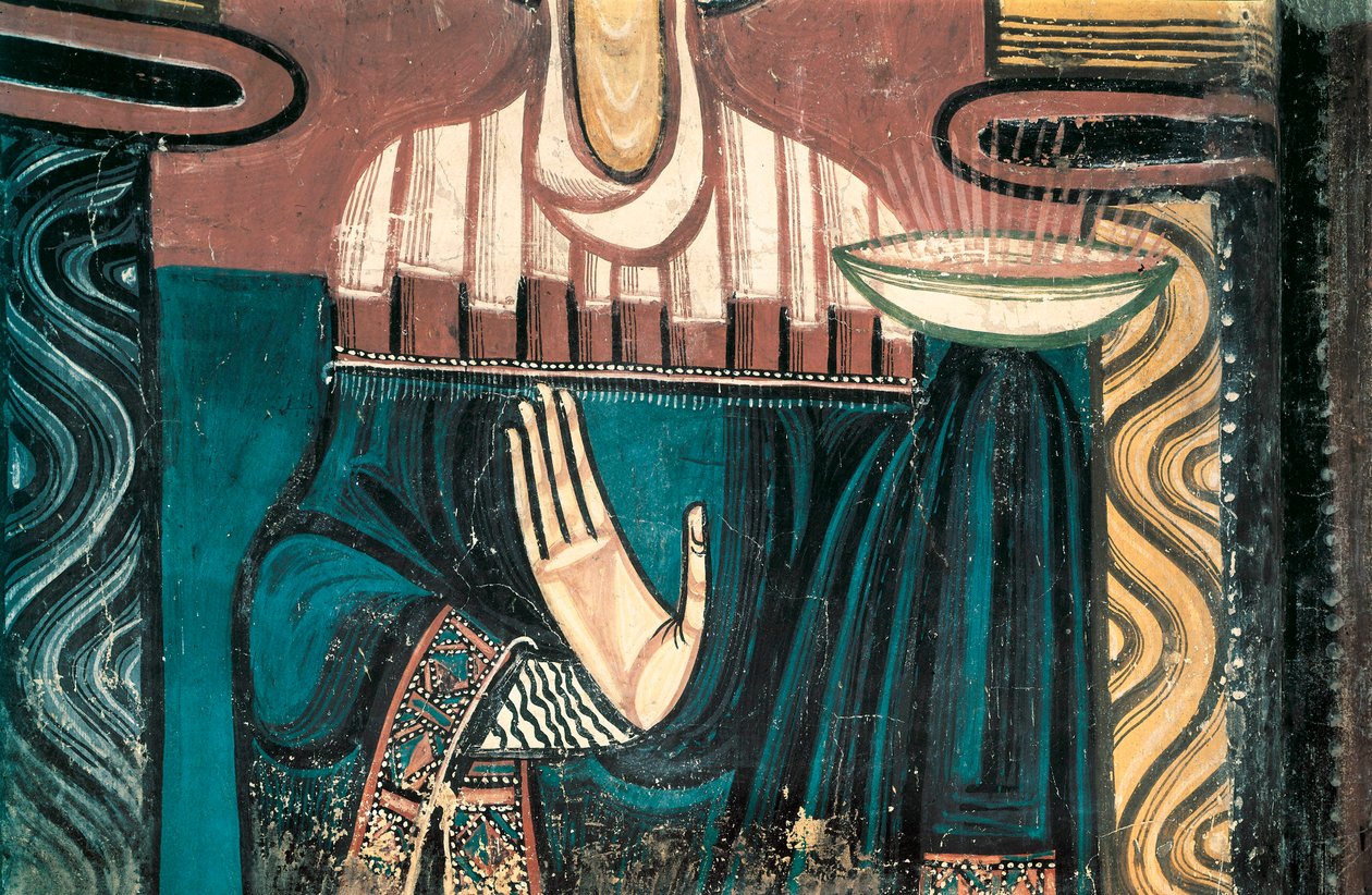 Panna. Detail. Freska Mistra svatého Klementa de Taull. cca 1123 Z apsidy kostela Saint Clement de Taull (Sant Climent in Taull). Národní muzeum umění Katalánska, Barcelona. od Master of Tahull